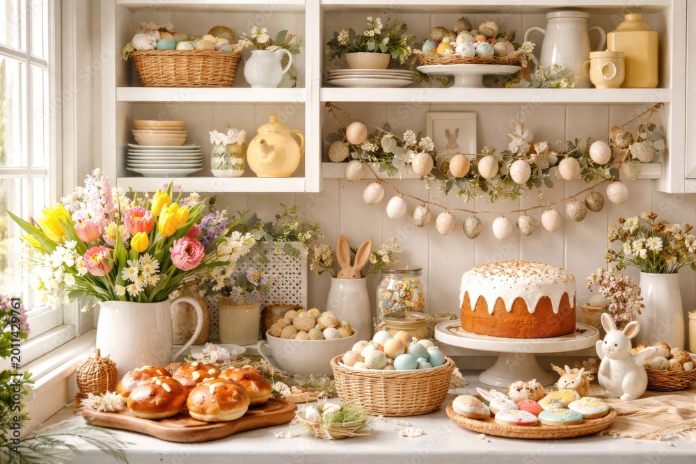Naklejka premium Easter celebration kitchen setup showcasing white shelves filled with kitchenware