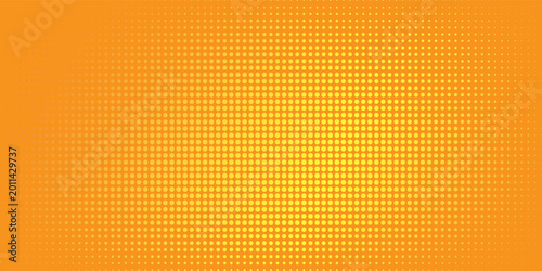 Abstract yellow and orange halftone background with bright sunburst dot gradient for summer design. Vector Eps 10