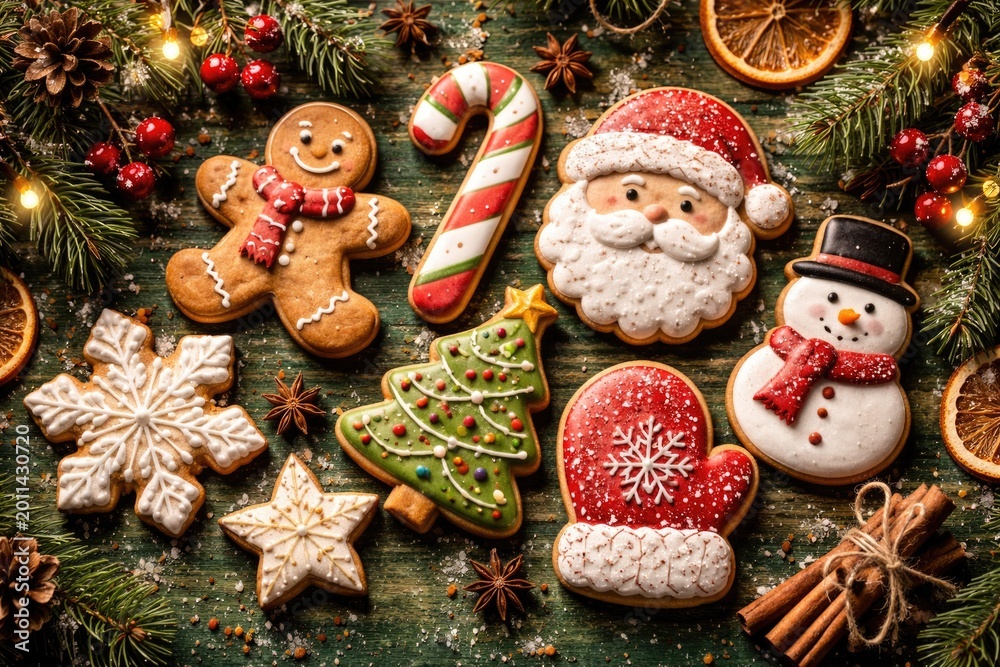 Fototapeta premium Seasonal decorated cookies showcased on a textured green wooden surface background