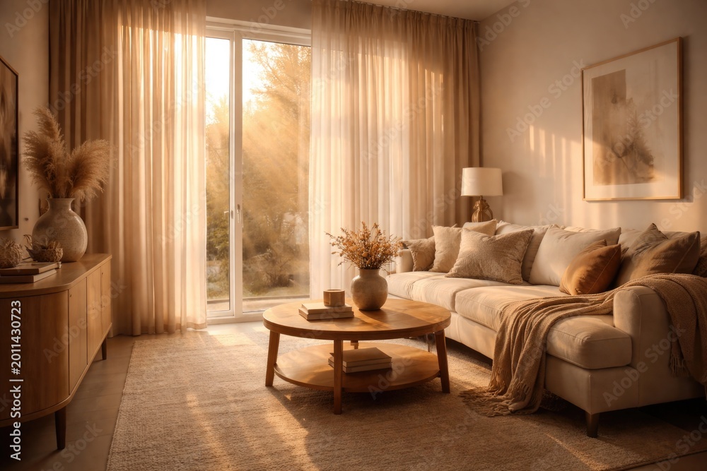 Fototapeta premium Warm sunlight streaming through beige curtains adding elegance to modern home interiors