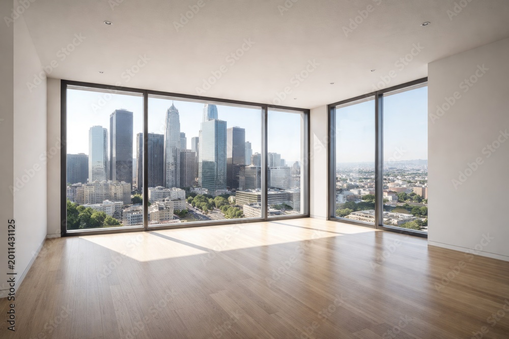 Fototapeta premium Minimalist empty room with wide windows framing a spectacular downtown scene