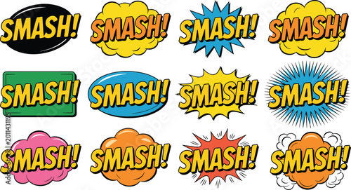 Tableau sur toile Colorful comic text vector illustrations with bold SMASH lettering, dynamic s