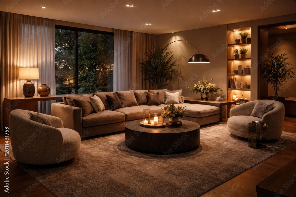Fototapeta premium Stylish living space offering cozy seating arrangements and ambient atmosphere