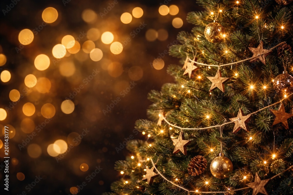 Fototapeta premium Christmas tree with rustic wooden star garlands and magical bokeh circles on a dark blurred backdrop with copy space