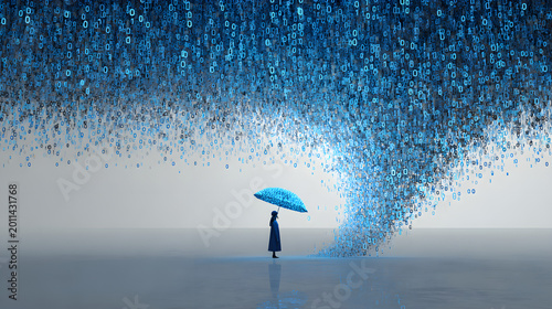 Photos A tiny figure stands under a massive glowing blue umbrella protected from a stor