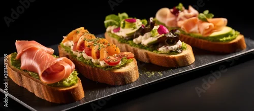 Obraz  z motywem Indulge in an exquisite selection of gourmet bruschettas crafted with fresh ingredients and artisanal flair.
