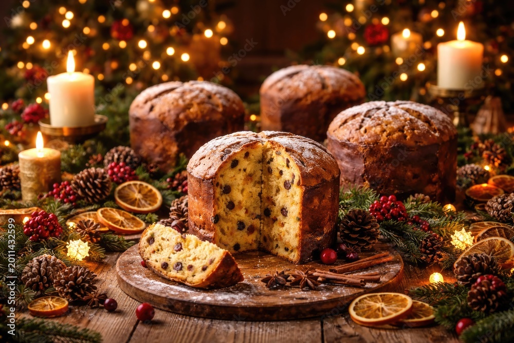 Fototapeta premium Seasonal table arrangement with multiple panettone pastries and traditional Christmas decorations in cozy mood