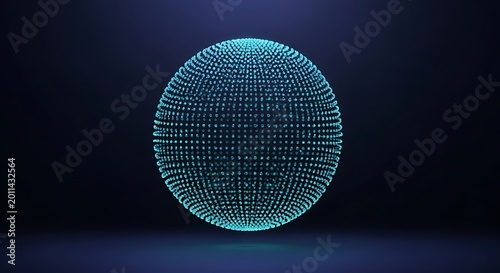 Glowing blue sphere made of many tiny particles floating against a dark abstract background space