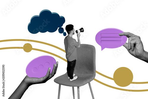 Photos Creative collage picture young man standing chair announce proclaim textbox mess