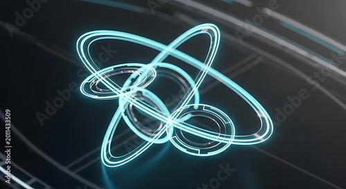 Glowing light blue neon rings form an abstract futuristic atom structure floating in dark space