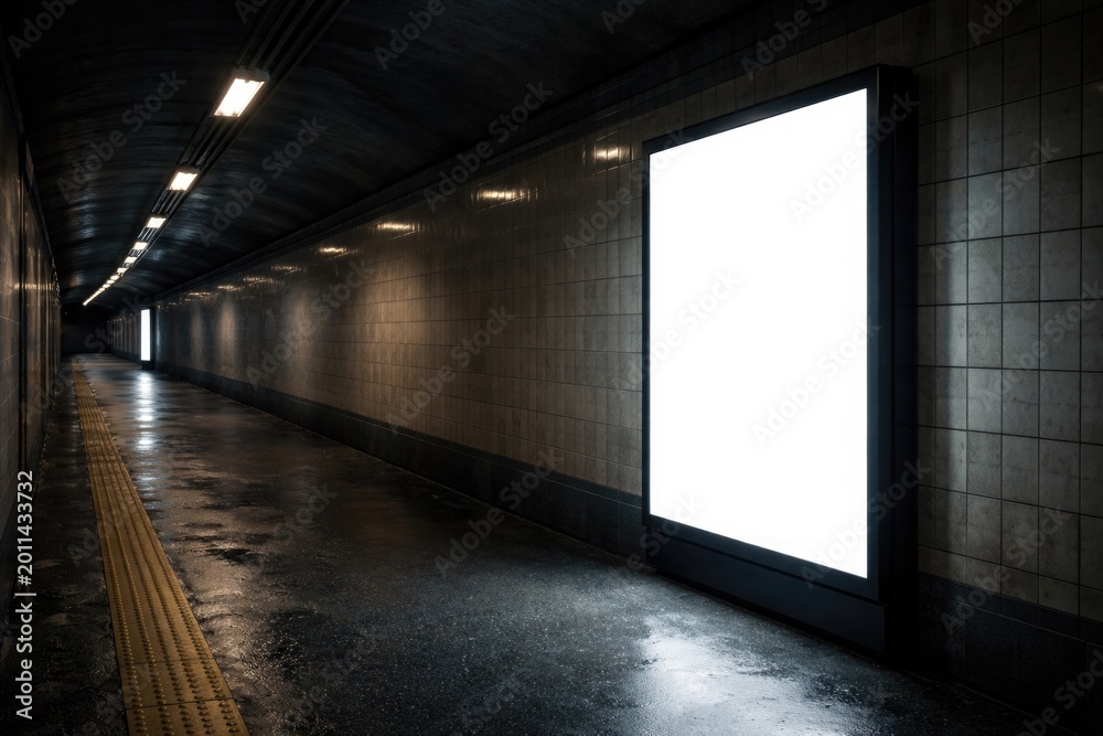 Fototapeta premium Tunnel scene with rectangular advertising lightbox mock up and empty space