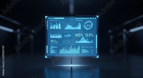 Glowing blue digital dashboard interface displaying complex financial data analytics on a dark futuristic virtual background