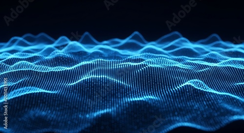 Abstract blue digital wave landscape formed by glowing particles representing advanced technology and data flow concepts