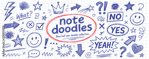 Fotografía Set of hand-drawn blue ballpoint pen doodles on a grid paper background