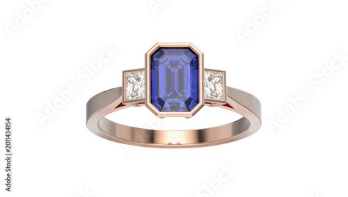 Фотография Rose gold ring with emerald cut sapphire and two square diamonds, isolated on tr