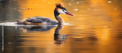 A Great Crested Grebe drifts across a sea of liquid gold in the soft glow of sunset.