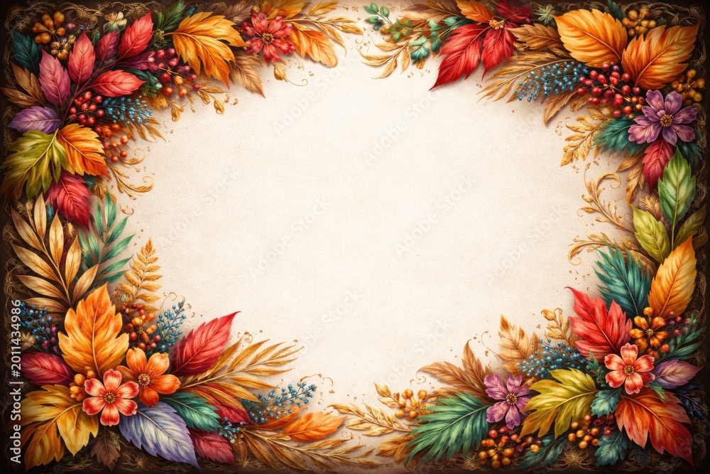 Fototapeta premium Decorative frame featuring colorful foliage accents