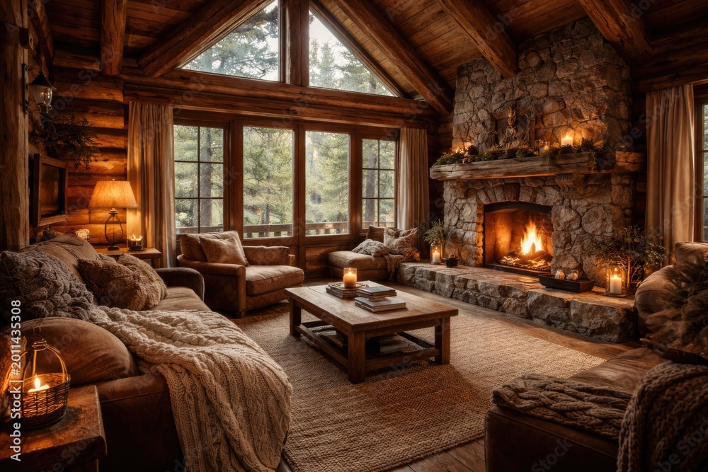 Obraz premium Wood cabin interior layout highlighting cozy textures and natural materials