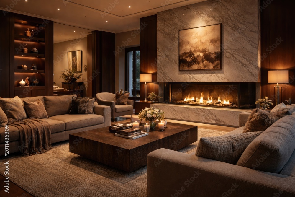 Obraz premium Refined luxury home lounge boasting a warm fireplace and contemporary accents