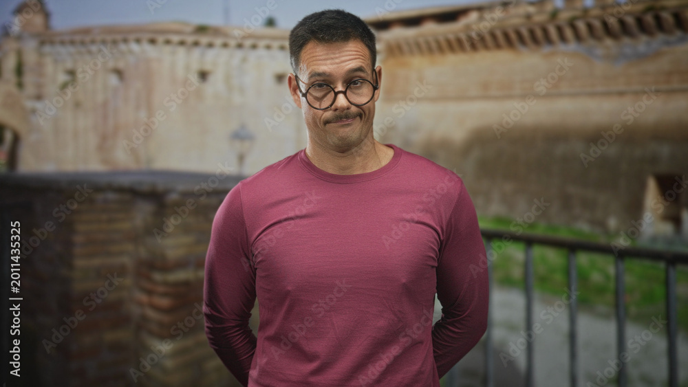 Obraz premium Young hispanic man with glasses and moustache, hands behind back and slight smirk, wearing maroon long sleeve shirt in front of building; wry amusement.
