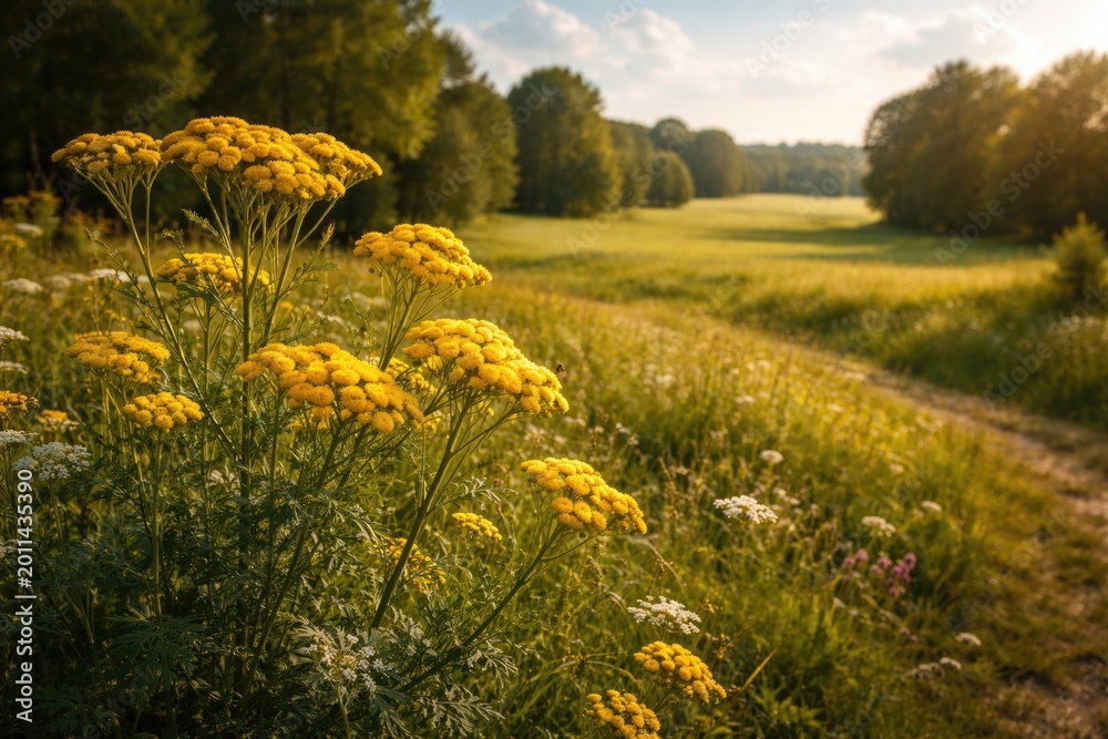Naklejka premium Radiant tansy blooms alongside an open pastoral meadow view