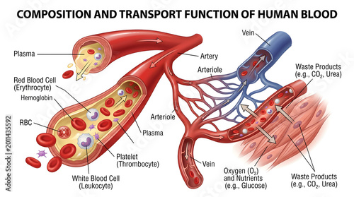 Composition and Transport Function of Human Blood Diagram Showing Plasma, Red and White Blood Cells, Platelets and Their Movement Through Arteries, Veins and Capillary Beds to Deliver Oxygen, Nutrient