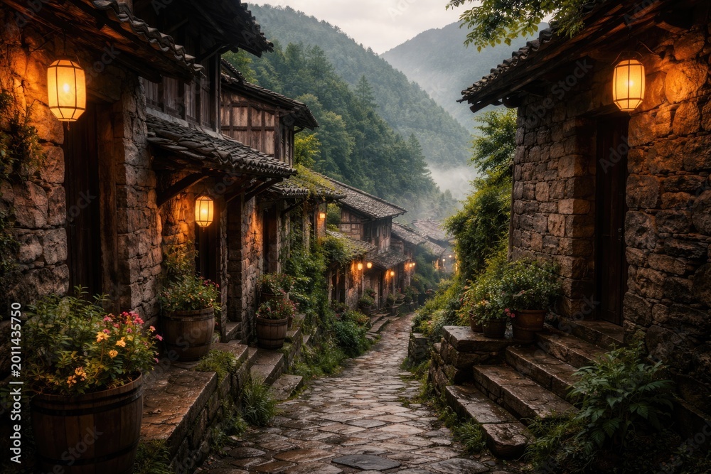 Obraz premium heritage alleyway in hill community amid regional natural conservation