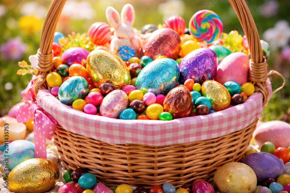 Obraz premium brightly decorated Easter basket brimming with colorful candy and chocolate eggs