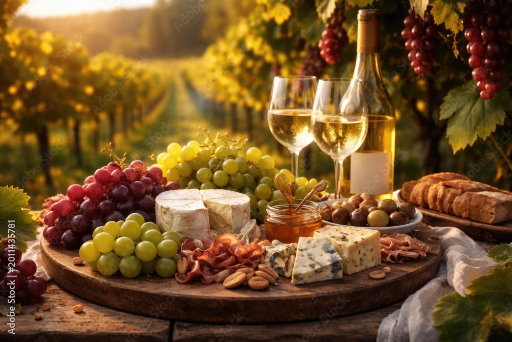 Fototapeta premium Chic wine and cheese platter showcasing fresh grapes in a glowing vineyard scene for special moments