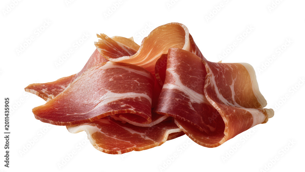 Fototapeta premium Thinly sliced cured ham with marbled fat, isolated on transparent background