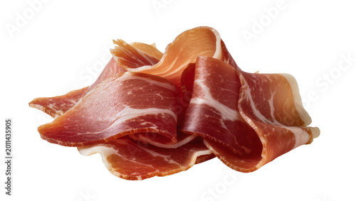 Fotografie Thinly sliced cured ham with marbled fat, isolated on transparent background