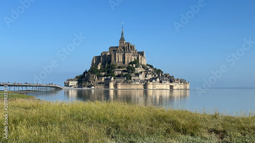 Mont-Saint-Michel Tidal Island on a Clear Summer Morning, Medium Wide Shot