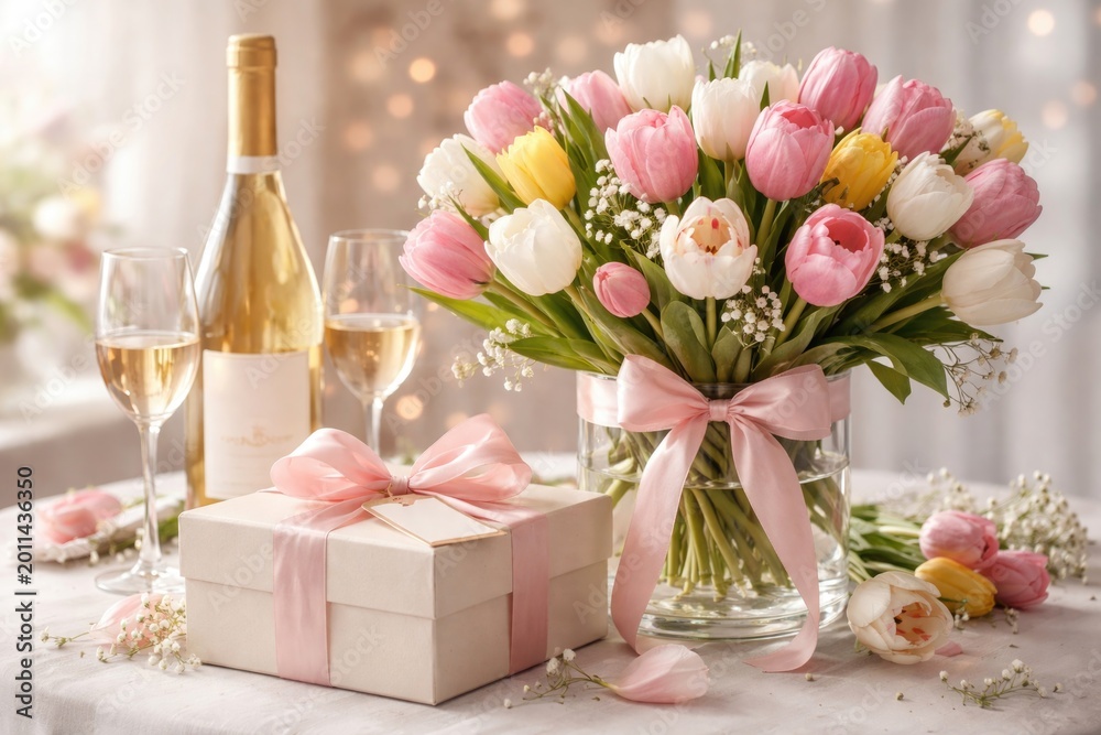 Obraz premium Spring tulips arranged with wine and gift box perfect for birthdays and weddings