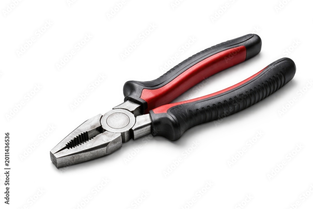 Fototapeta premium Steel pliers resting on bright white plain backdrop for text