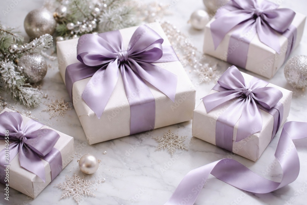 Obraz premium Refined holiday gifts featuring lavender silk bows on a marble texture