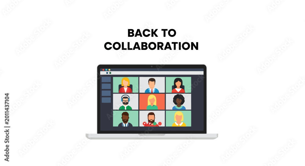 Fototapeta premium Laptop screen showing diverse team in virtual video conference meeting.
