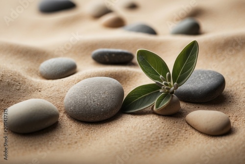 Natural Harmony Sage Twig and Pebble Rocks on Sand, Serene Botanical Background