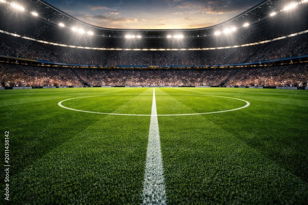 Fototapeta premium soccer stadium with pristine green turf ready for competitive midfield play