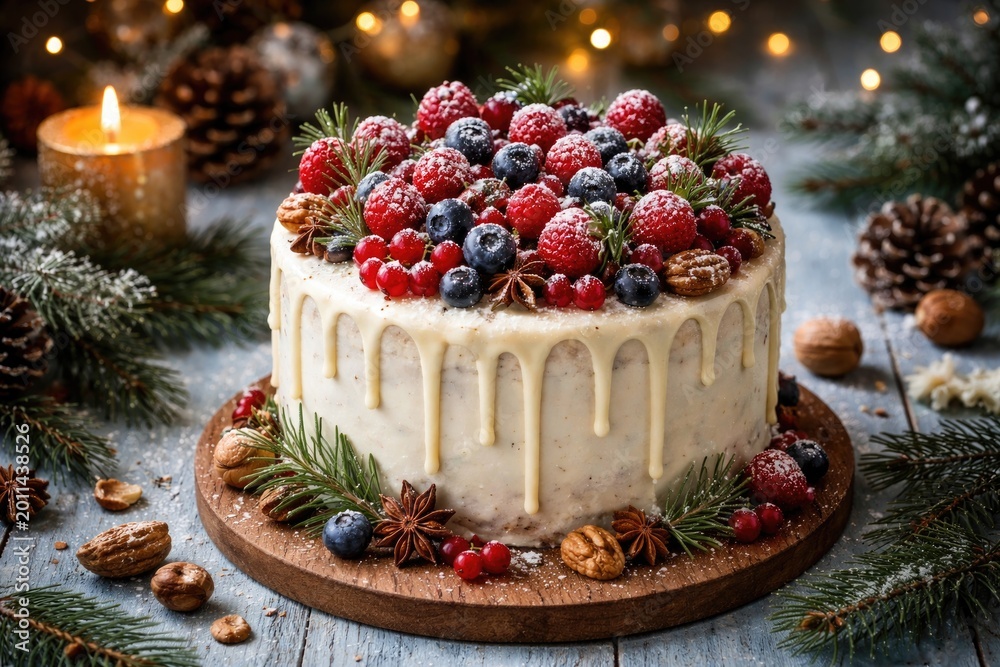 Fototapeta premium Winter holiday cake decorated with fresh mixed berries and nuts on a soft blue wooden background with festive theme