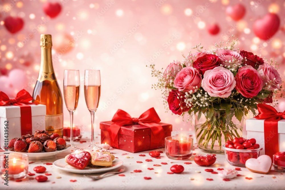 Fototapeta premium Valentines Day celebration table decorated festively on a cheerful background with copy space