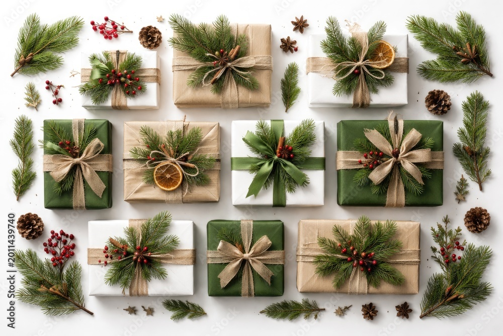 Fototapeta premium Greenery accented Christmas packages arranged symmetrically atop white backdrop for holiday themed design