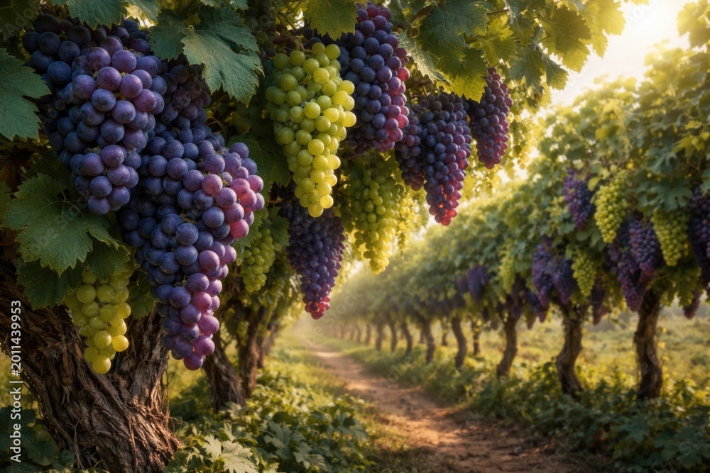 Naklejka premium Expansive grapevines heavy with purple and green fruit