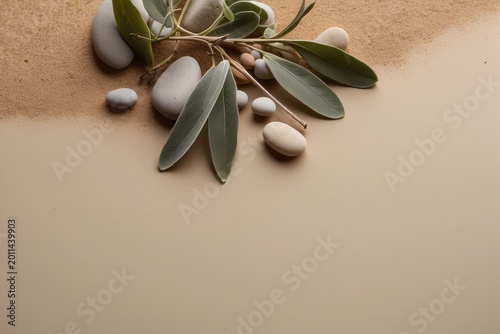 Natural Harmony Sage Twig and Pebble Rocks on Sand, Serene Botanical Background