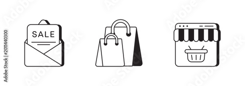 Minimal shopping icons sale, bags, storefront. Clean black outline symbols representing sale envelope, shopping bags, storefront