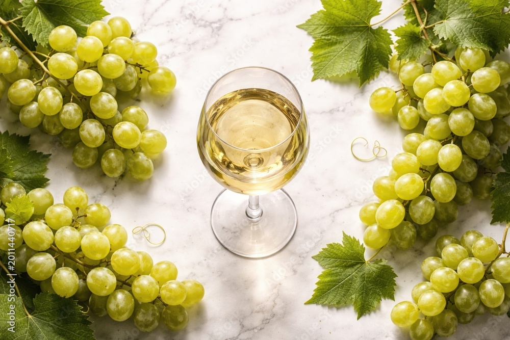 Fototapeta premium Refined flat layout of white wine glass surrounded by grape clusters and green leaves on a smooth white marble background