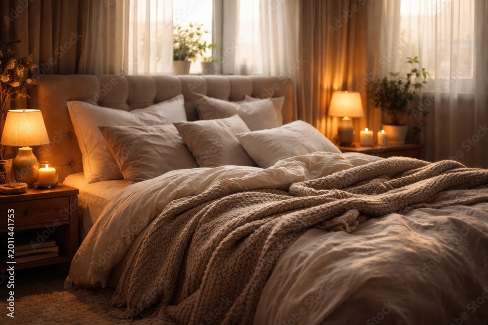 Fototapeta premium peaceful sleep space with a comfy bed and cozy blanket arrangement