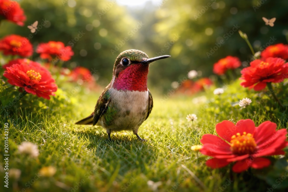Obraz premium Playful hummingbird pet explores full length view of green lawn with red flowers on a warm summer day