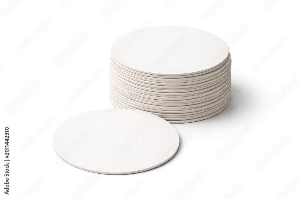 Obraz premium White backdrop featuring stacked blank beer coasters with space for custom design