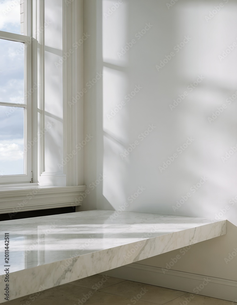 Fototapeta premium Minimalist interior scene with white marble countertop by a window with soft morning sunlight and shadows.