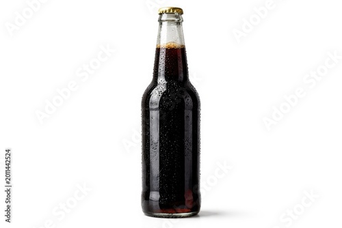 full view of dark beer bottle set on untextured white backdrop